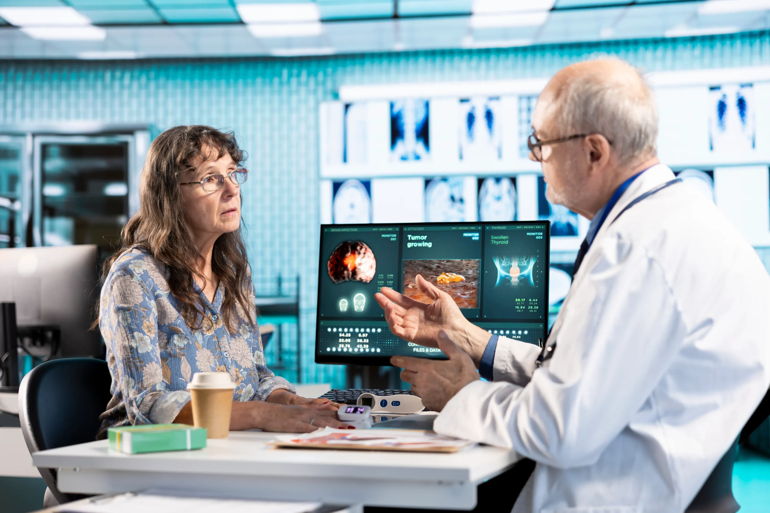 Médico conversa com paciente e analisa exame de imagem em tela digital representando o uso de IA na medicina